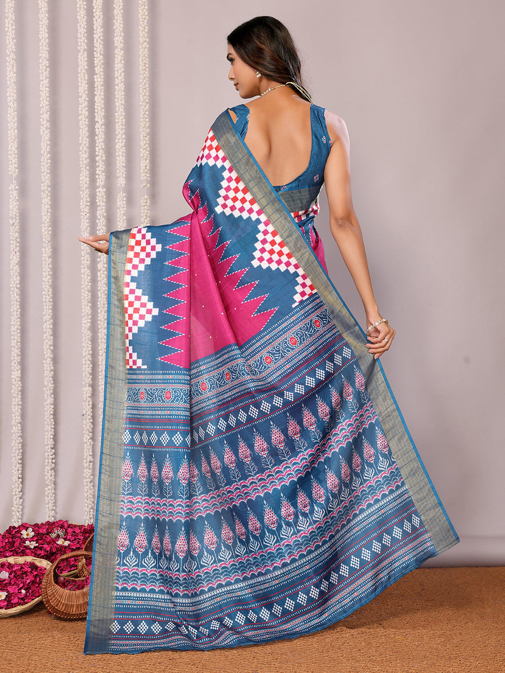 Janasya Pink & Blue Chanderi Silk Geometric Printed Saree | Grocsy