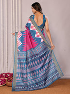 Janasya Pink & Blue Chanderi Silk Geometric Printed Saree | Grocsy