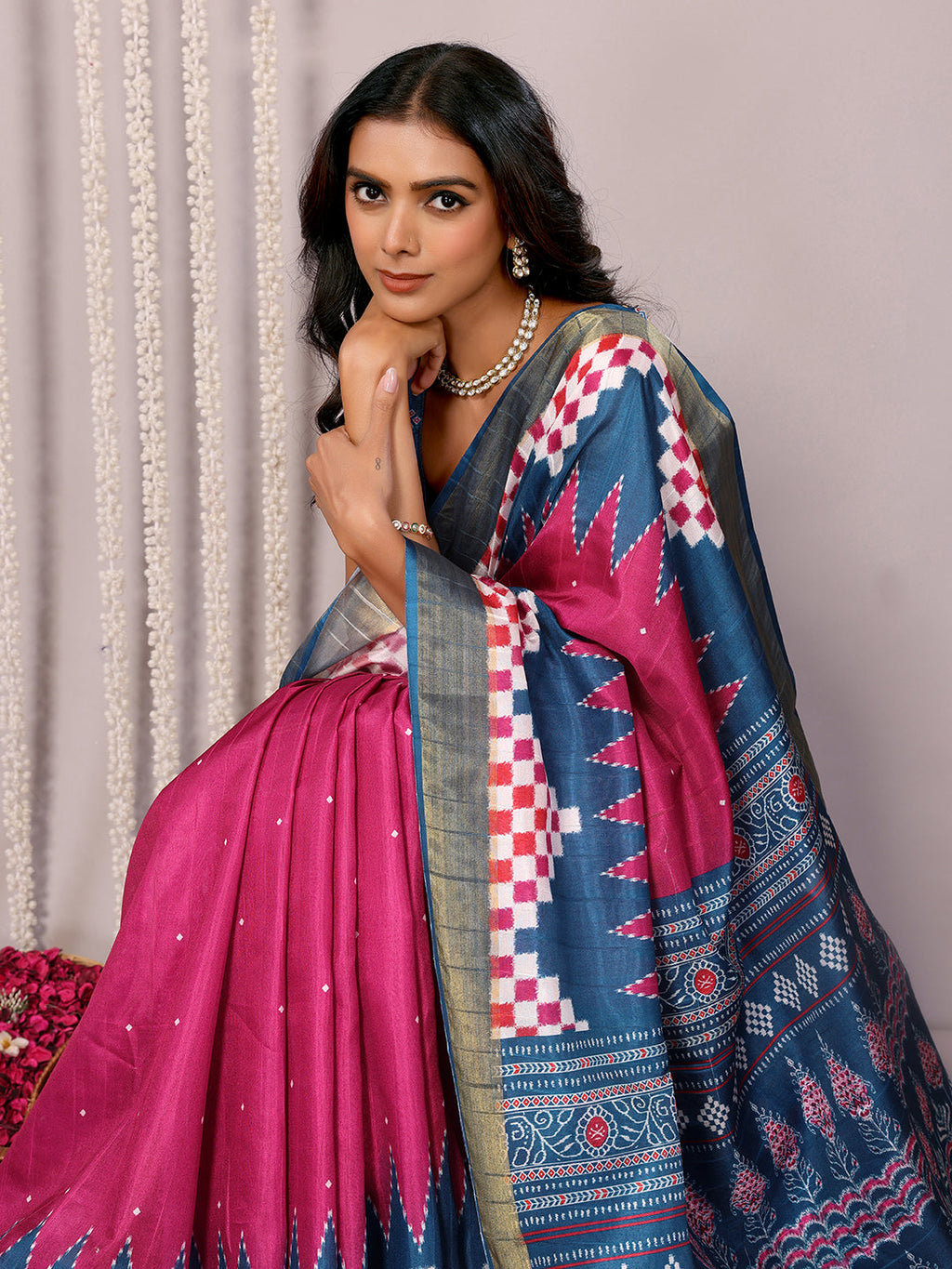 Janasya Pink & Blue Chanderi Silk Geometric Printed Saree | Grocsy