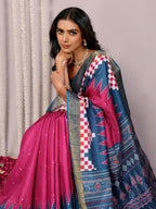 Janasya Pink & Blue Chanderi Silk Geometric Printed Saree | Grocsy