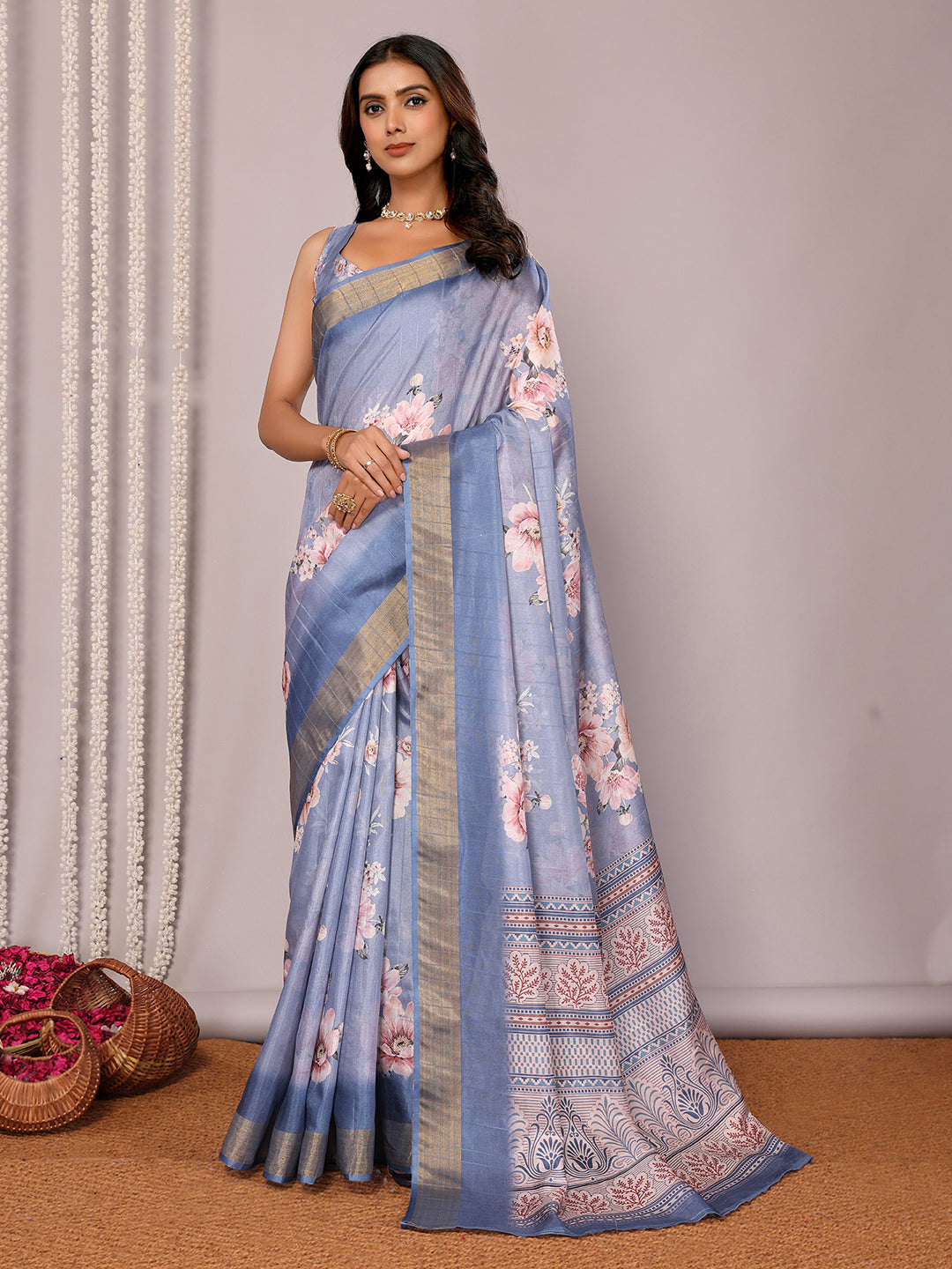 Janasya Blue Chanderi Silk Floral Printed Saree | Grocsy