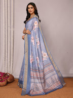Janasya Blue Chanderi Silk Floral Printed Saree | Grocsy