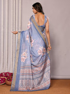 Janasya Blue Chanderi Silk Floral Printed Saree | Grocsy