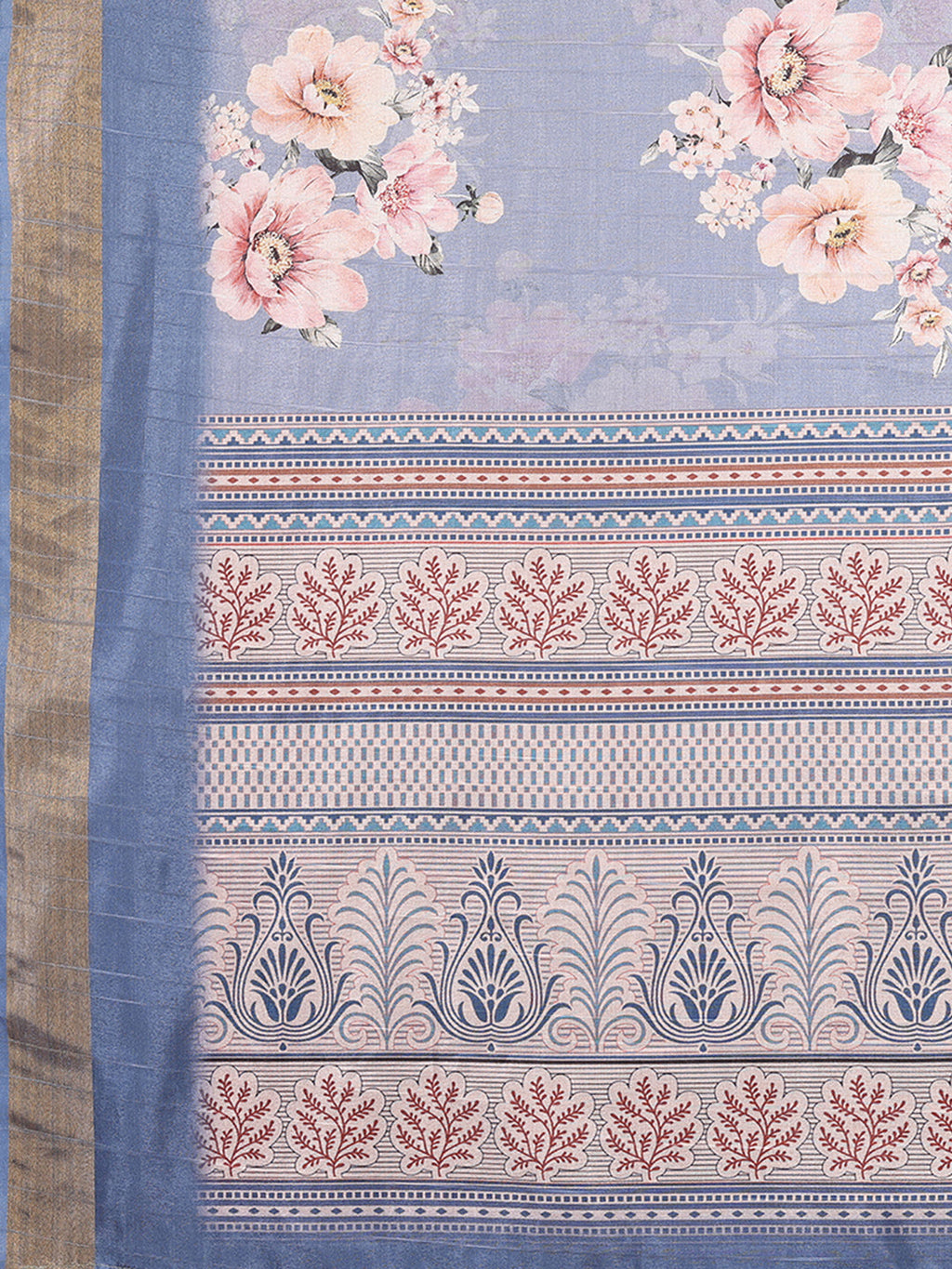 Janasya Blue Chanderi Silk Floral Printed Saree | Grocsy