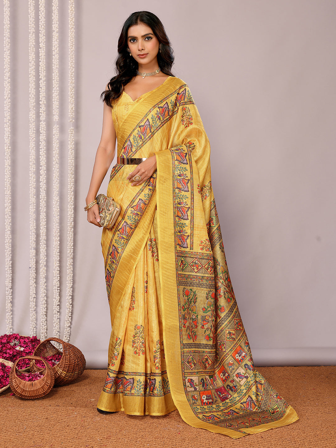 Janasya Yellow Chanderi Silk Kalamkari Printed Saree | Grocsy