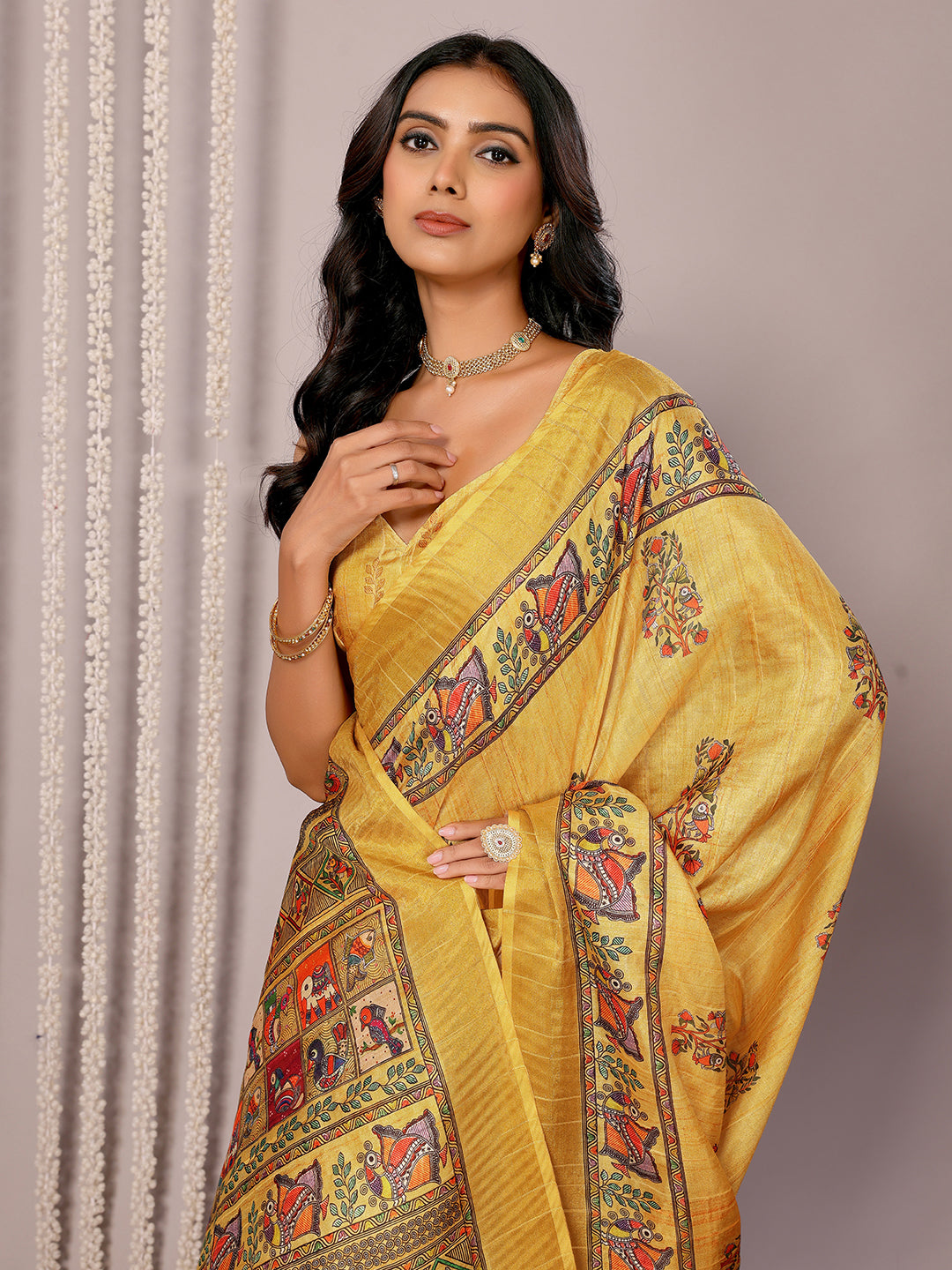 Janasya Yellow Chanderi Silk Kalamkari Printed Saree | Grocsy