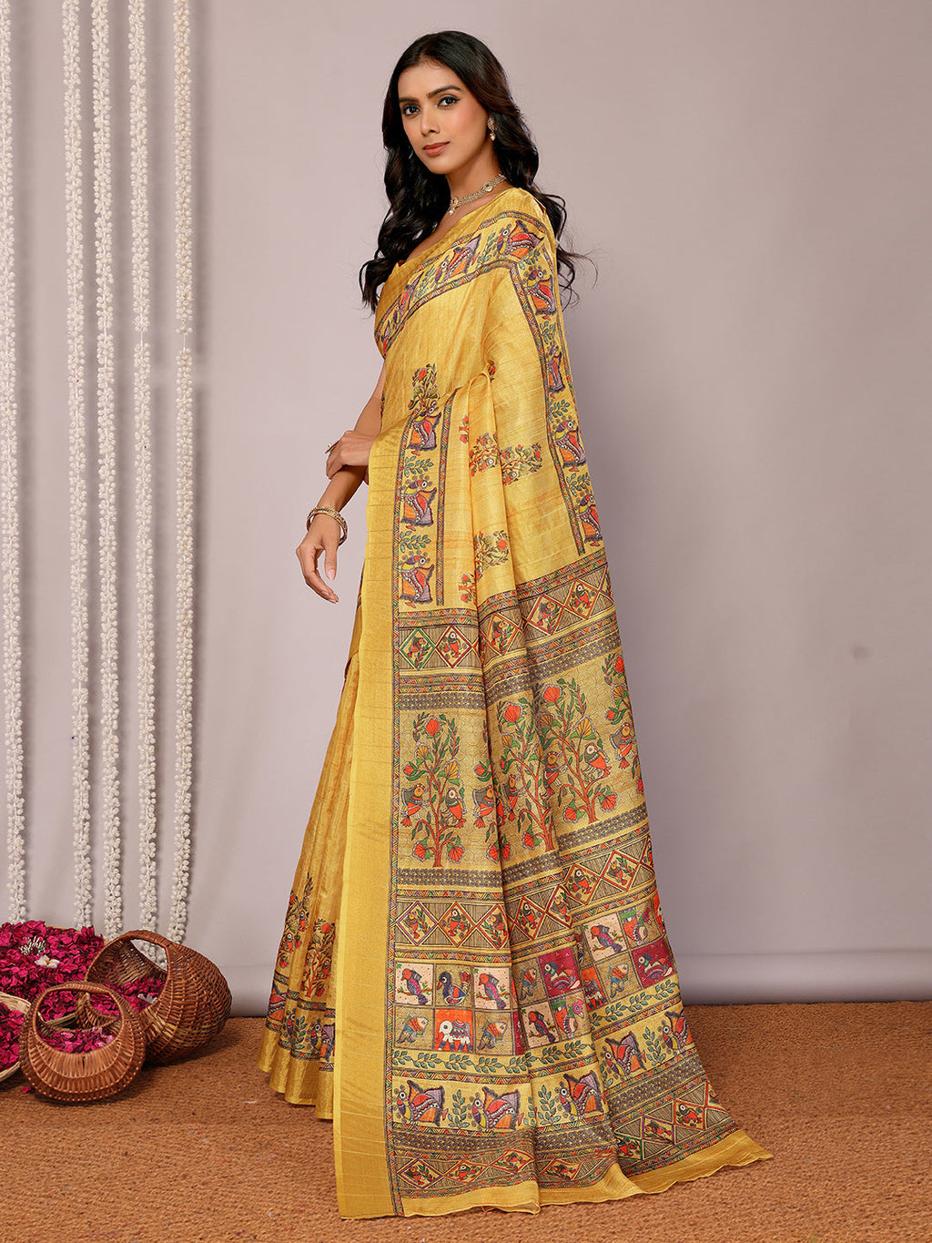Janasya Yellow Chanderi Silk Kalamkari Printed Saree | Grocsy