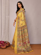Janasya Yellow Chanderi Silk Kalamkari Printed Saree | Grocsy