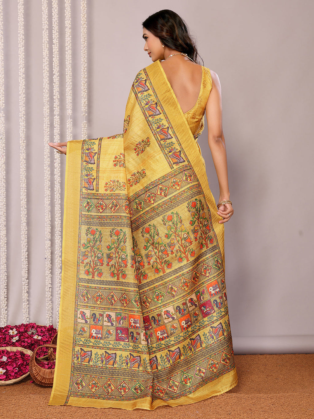 Janasya Yellow Chanderi Silk Kalamkari Printed Saree | Grocsy