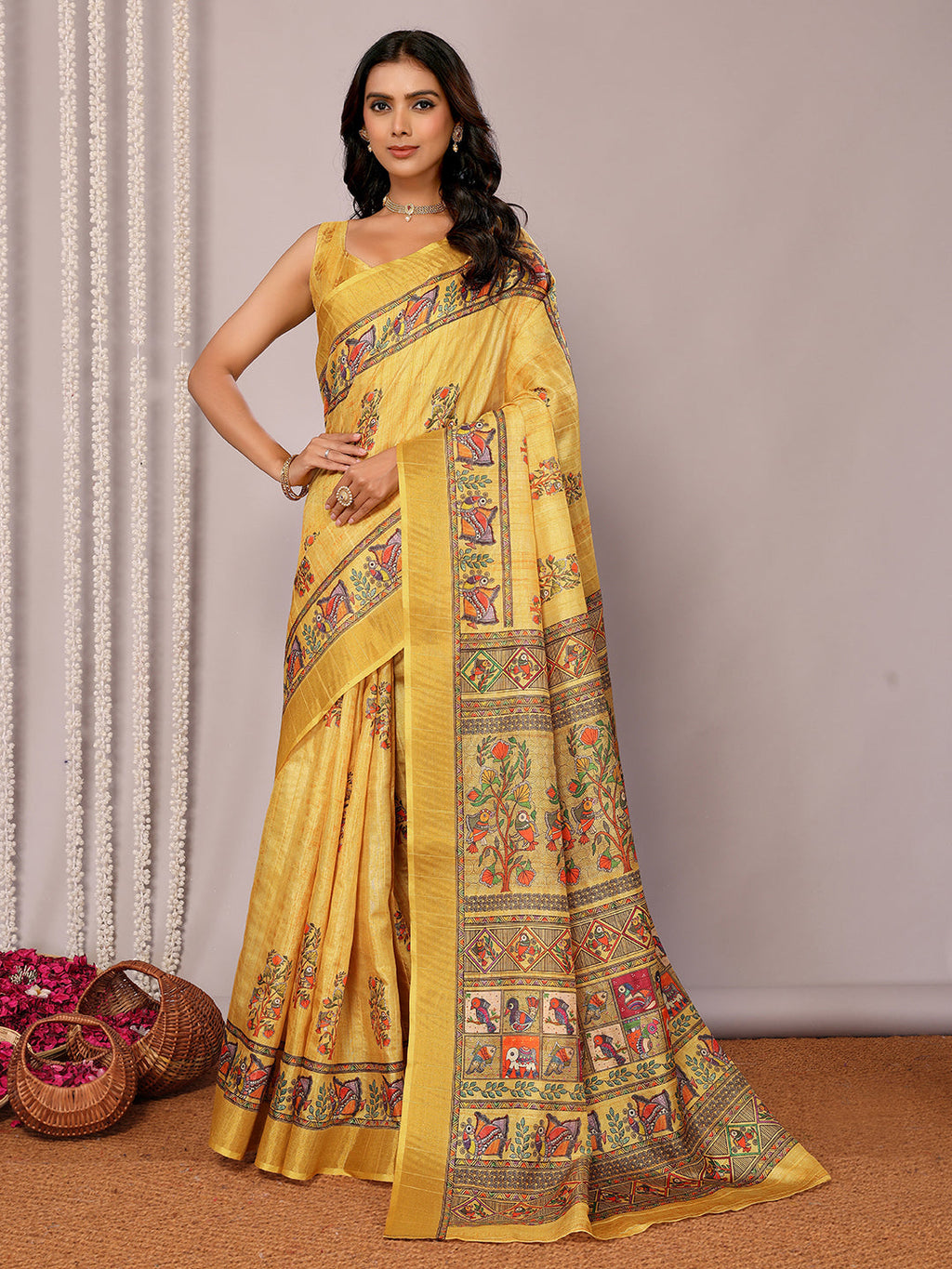 Janasya Yellow Chanderi Silk Kalamkari Printed Saree | Grocsy