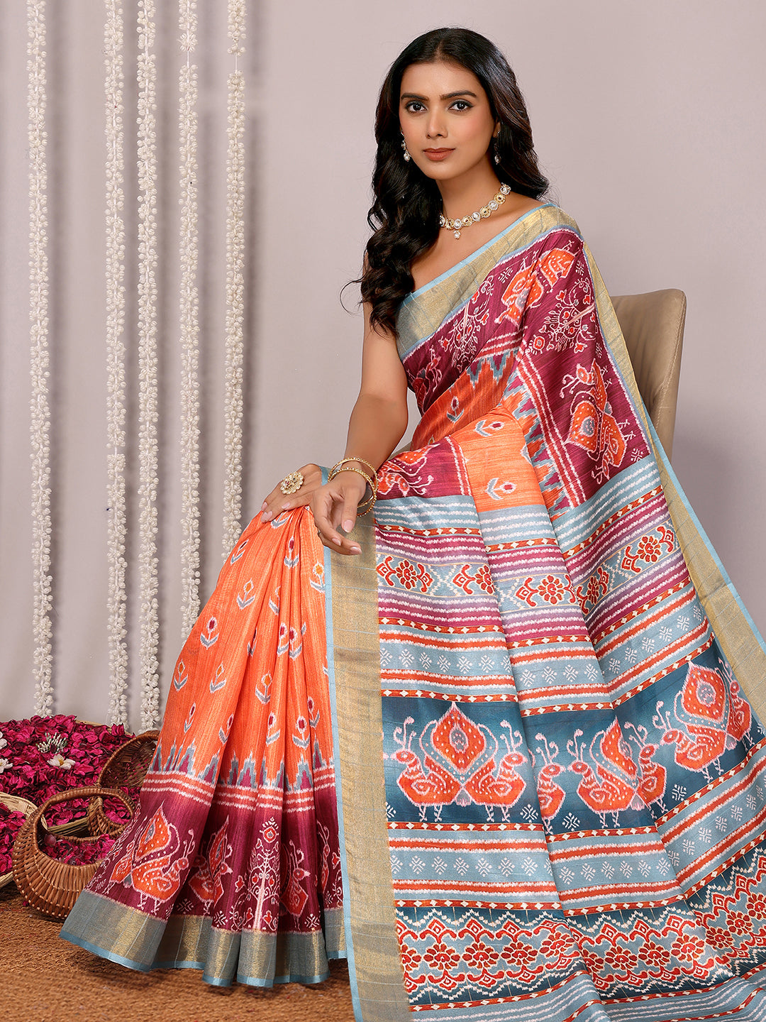 Janasya Orange Chanderi Silk Ikkat Printed Saree | Grocsy