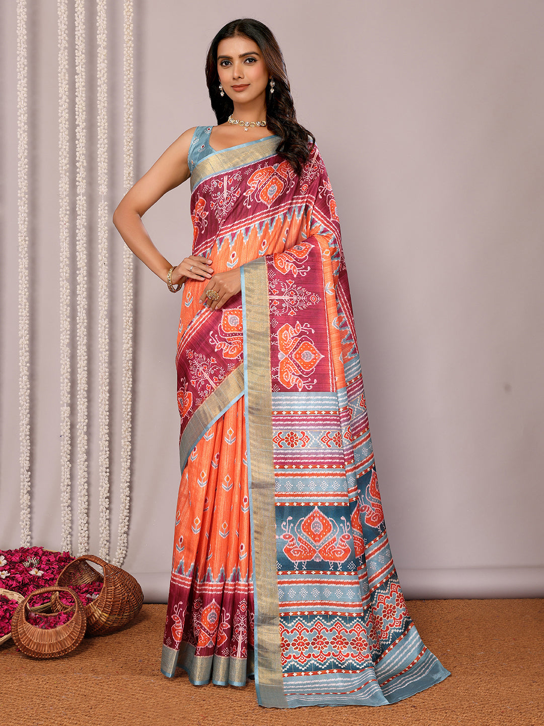 Janasya Orange Chanderi Silk Ikkat Printed Saree | Grocsy