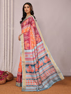 Janasya Orange Chanderi Silk Ikkat Printed Saree | Grocsy