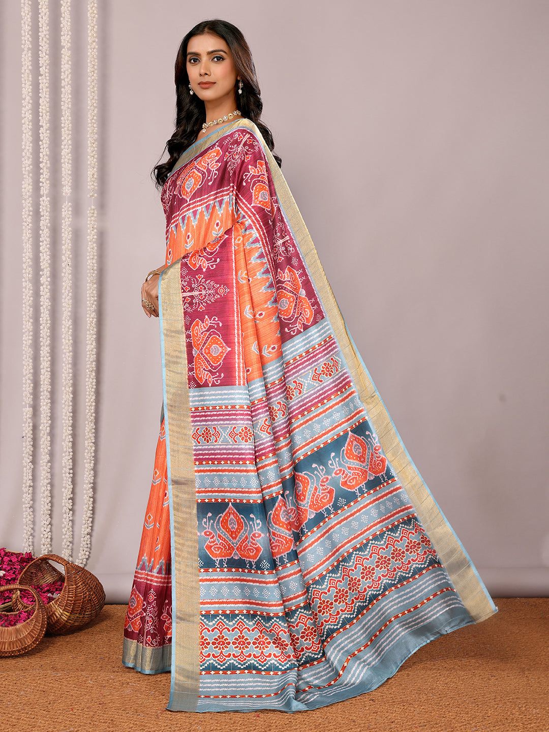 Janasya Orange Chanderi Silk Ikkat Printed Saree | Grocsy