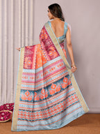 Janasya Orange Chanderi Silk Ikkat Printed Saree | Grocsy