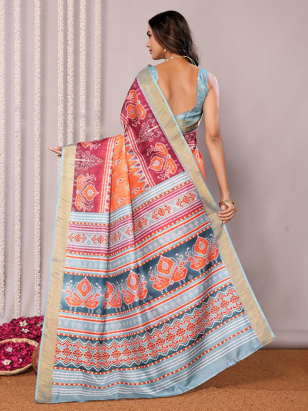 Janasya Orange Chanderi Silk Ikkat Printed Saree | Grocsy
