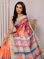 Janasya Orange Chanderi Silk Ikkat Printed Saree | Grocsy