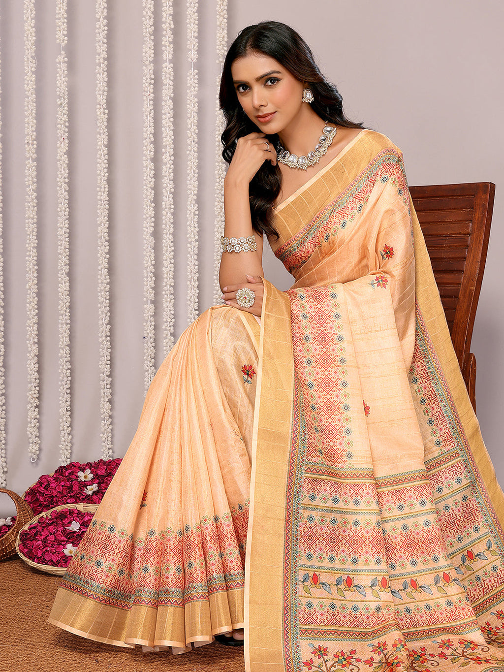 Janasya Beige Chanderi Silk Floral Printed Saree | Grocsy