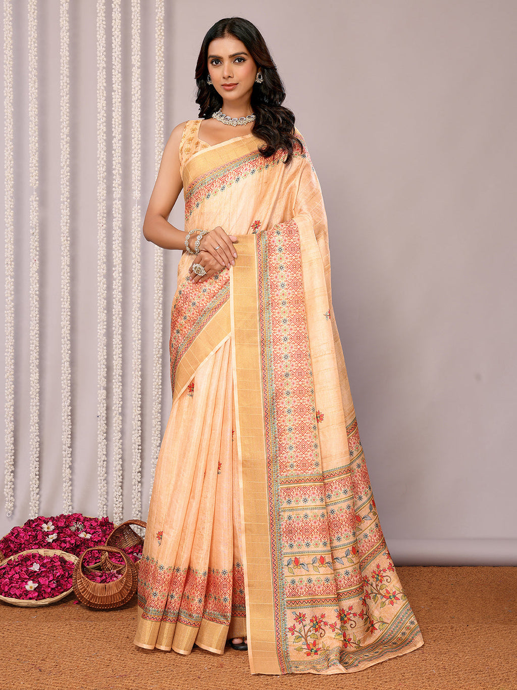 Janasya Beige Chanderi Silk Floral Printed Saree | Grocsy