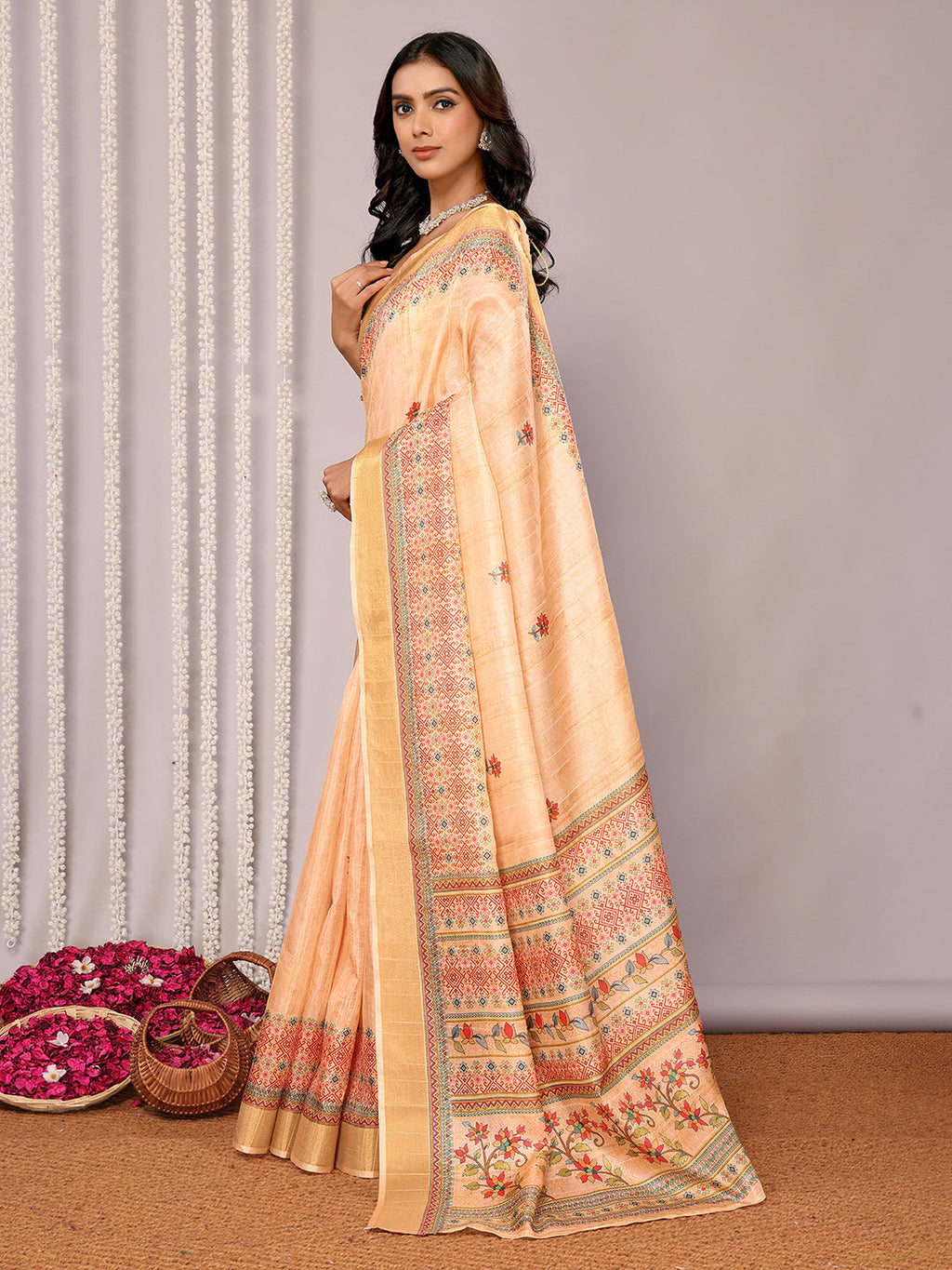 Janasya Beige Chanderi Silk Floral Printed Saree | Grocsy
