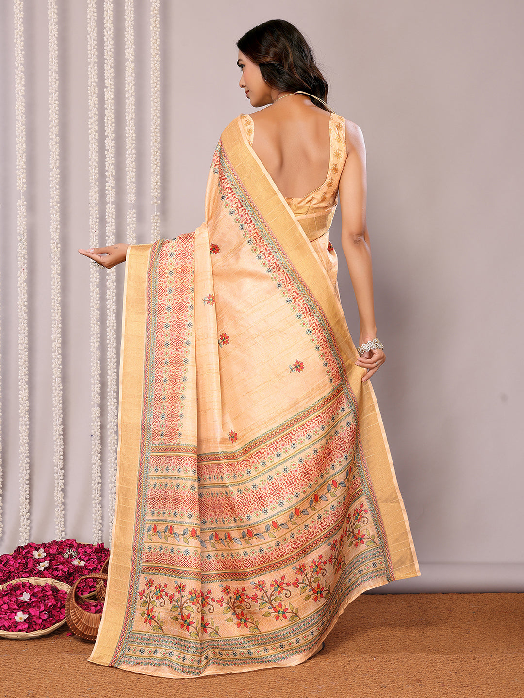 Janasya Beige Chanderi Silk Floral Printed Saree | Grocsy