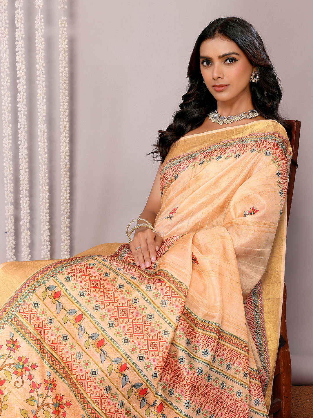Janasya Beige Chanderi Silk Floral Printed Saree | Grocsy