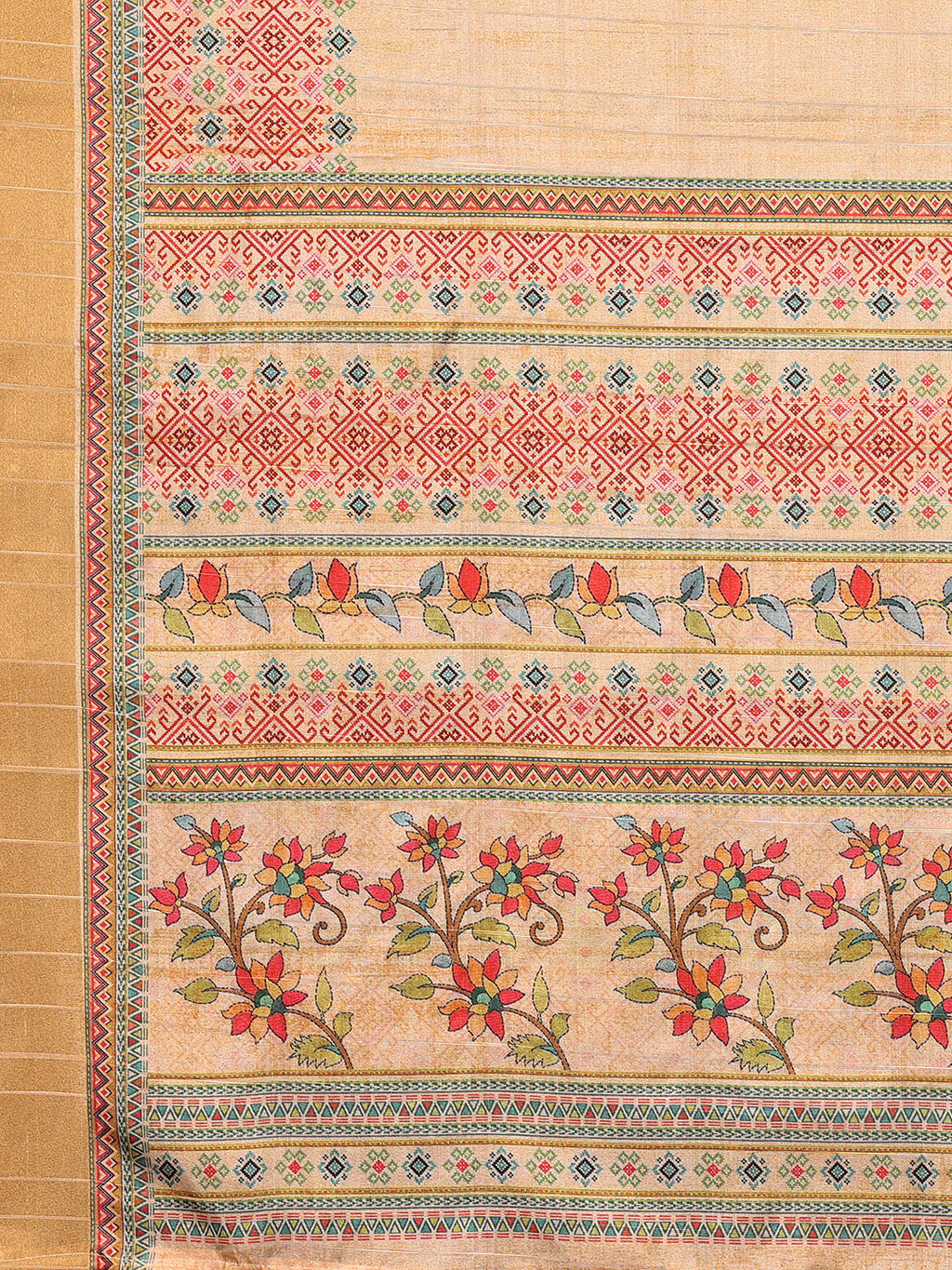Janasya Beige Chanderi Silk Floral Printed Saree | Grocsy