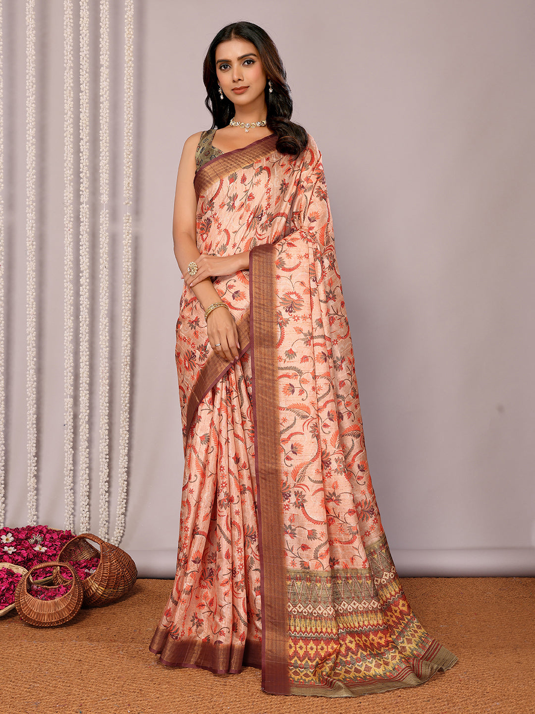 Janasya Peach Chanderi Silk Floral Printed Saree | Grocsy