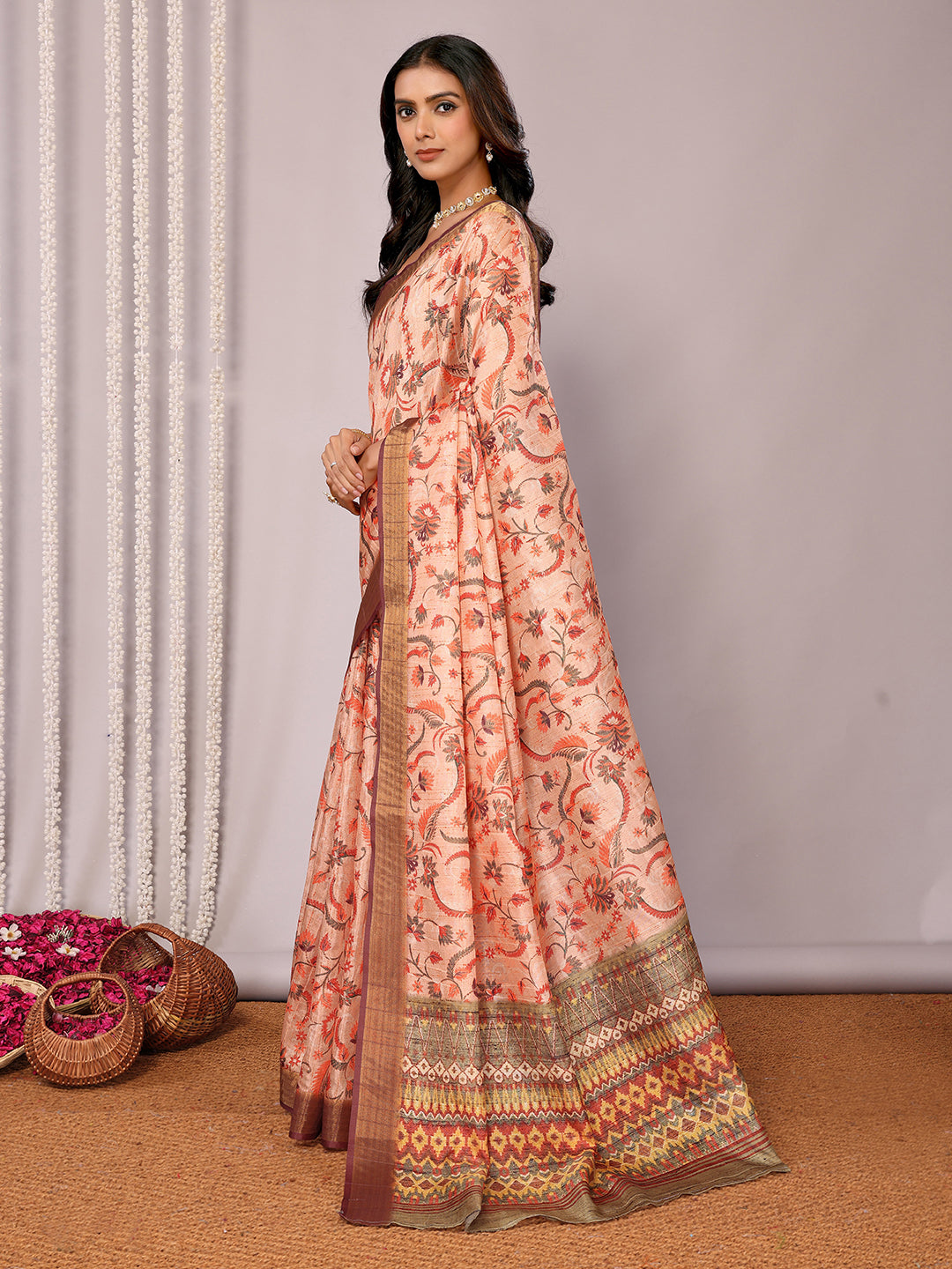Janasya Peach Chanderi Silk Floral Printed Saree | Grocsy