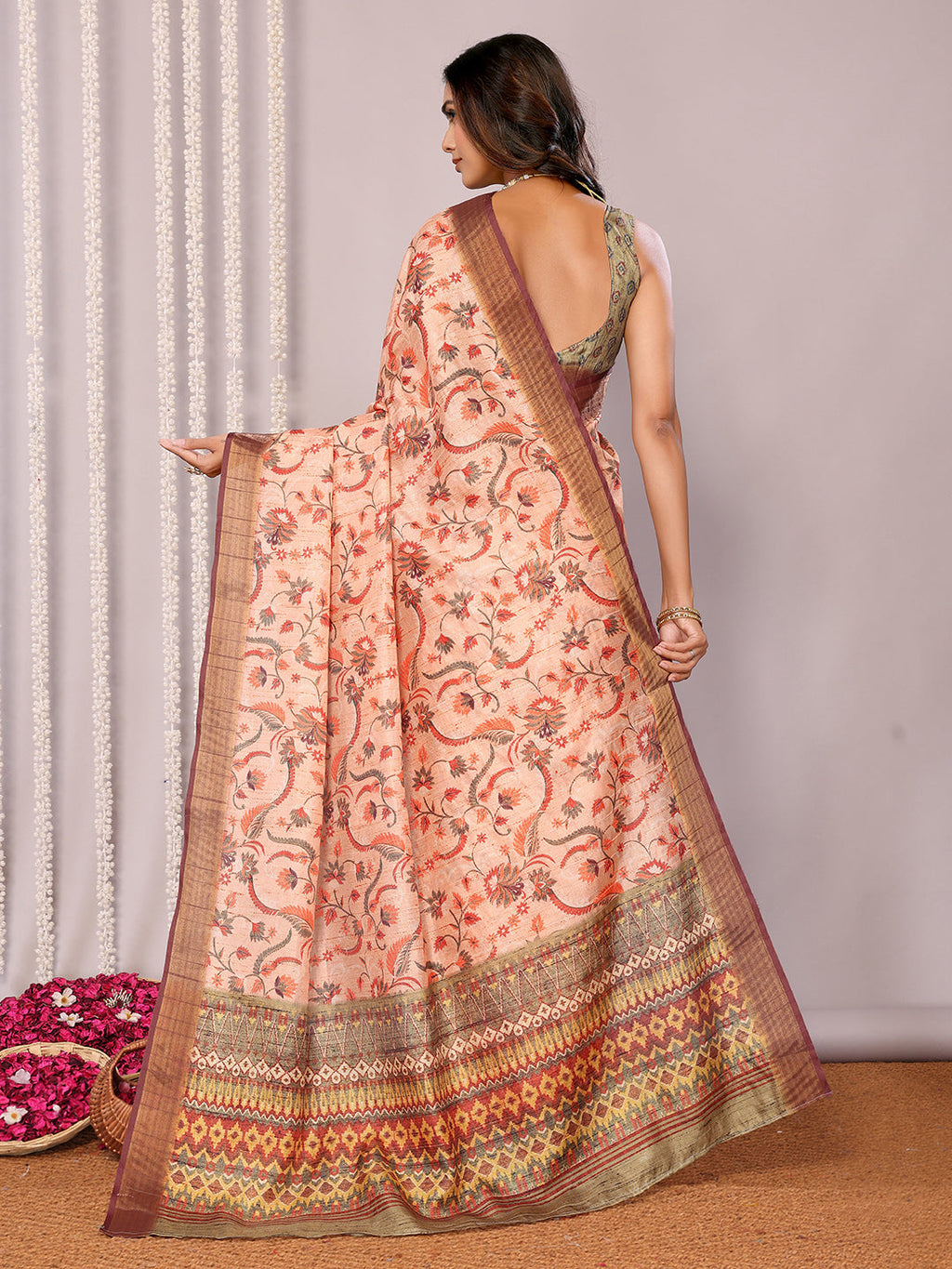 Janasya Peach Chanderi Silk Floral Printed Saree | Grocsy