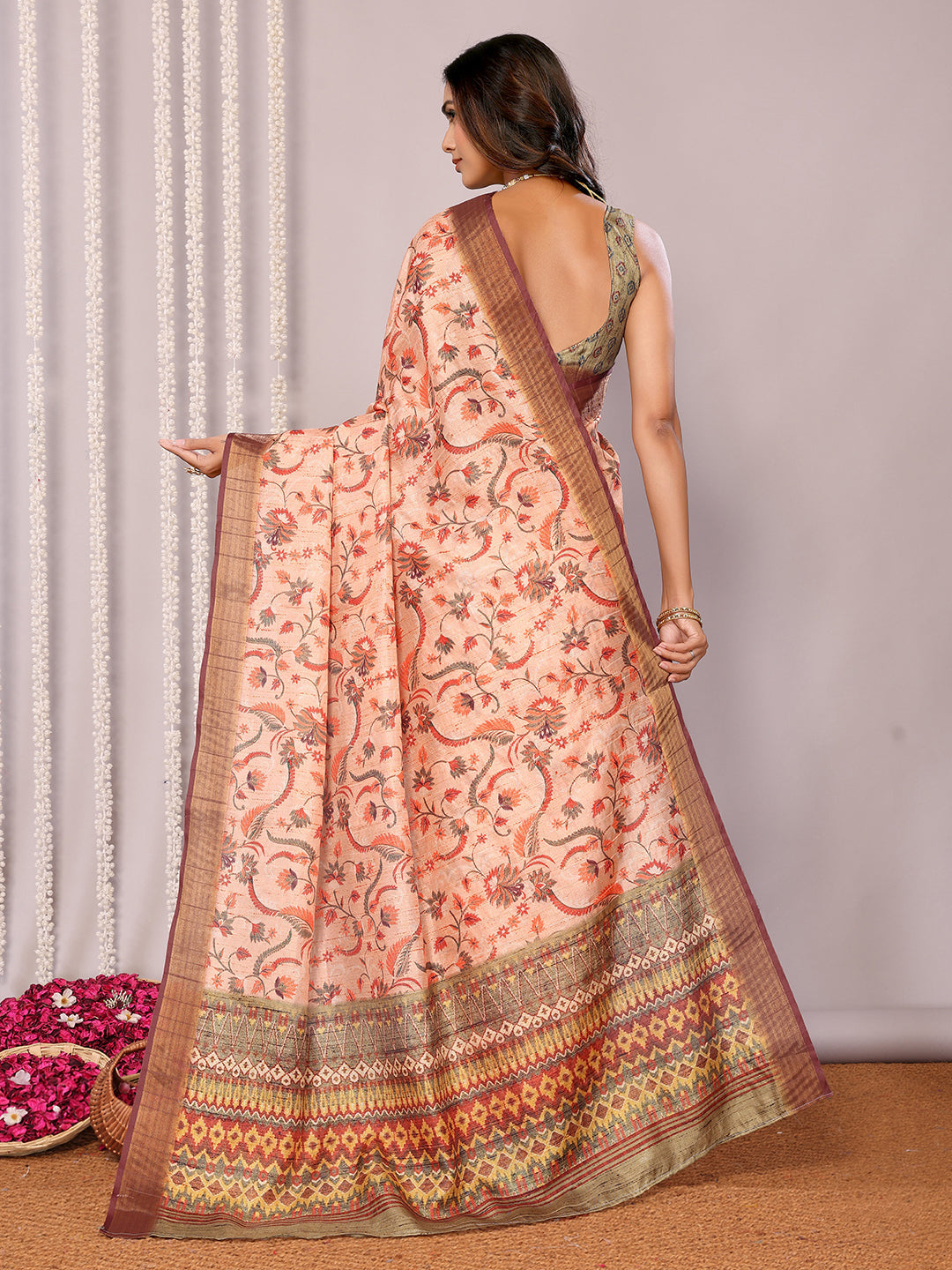 Janasya Peach Chanderi Silk Floral Printed Saree | Grocsy