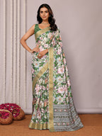 Janasya Green Chanderi Silk Floral Printed Saree | Grocsy