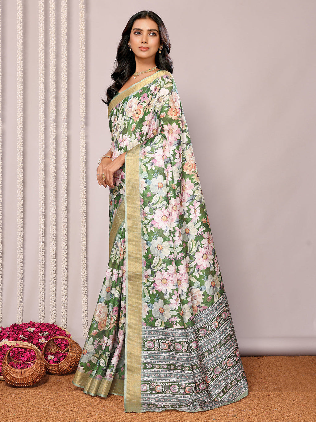 Janasya Green Chanderi Silk Floral Printed Saree | Grocsy