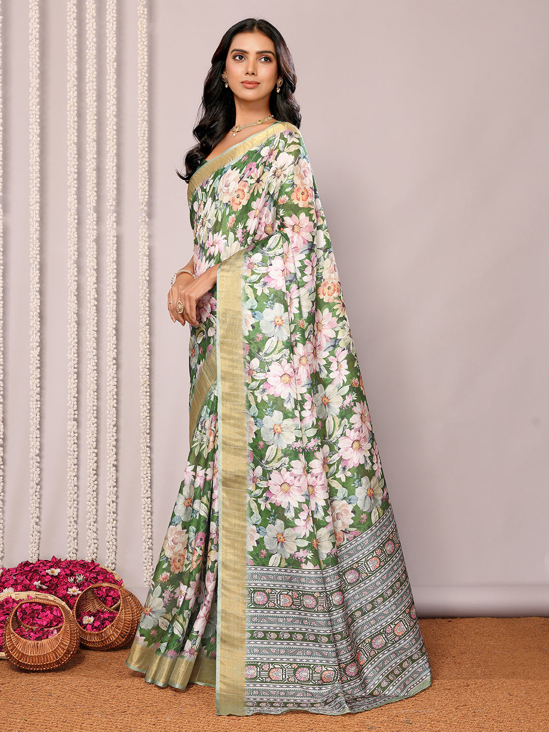 Janasya Green Chanderi Silk Floral Printed Saree | Grocsy