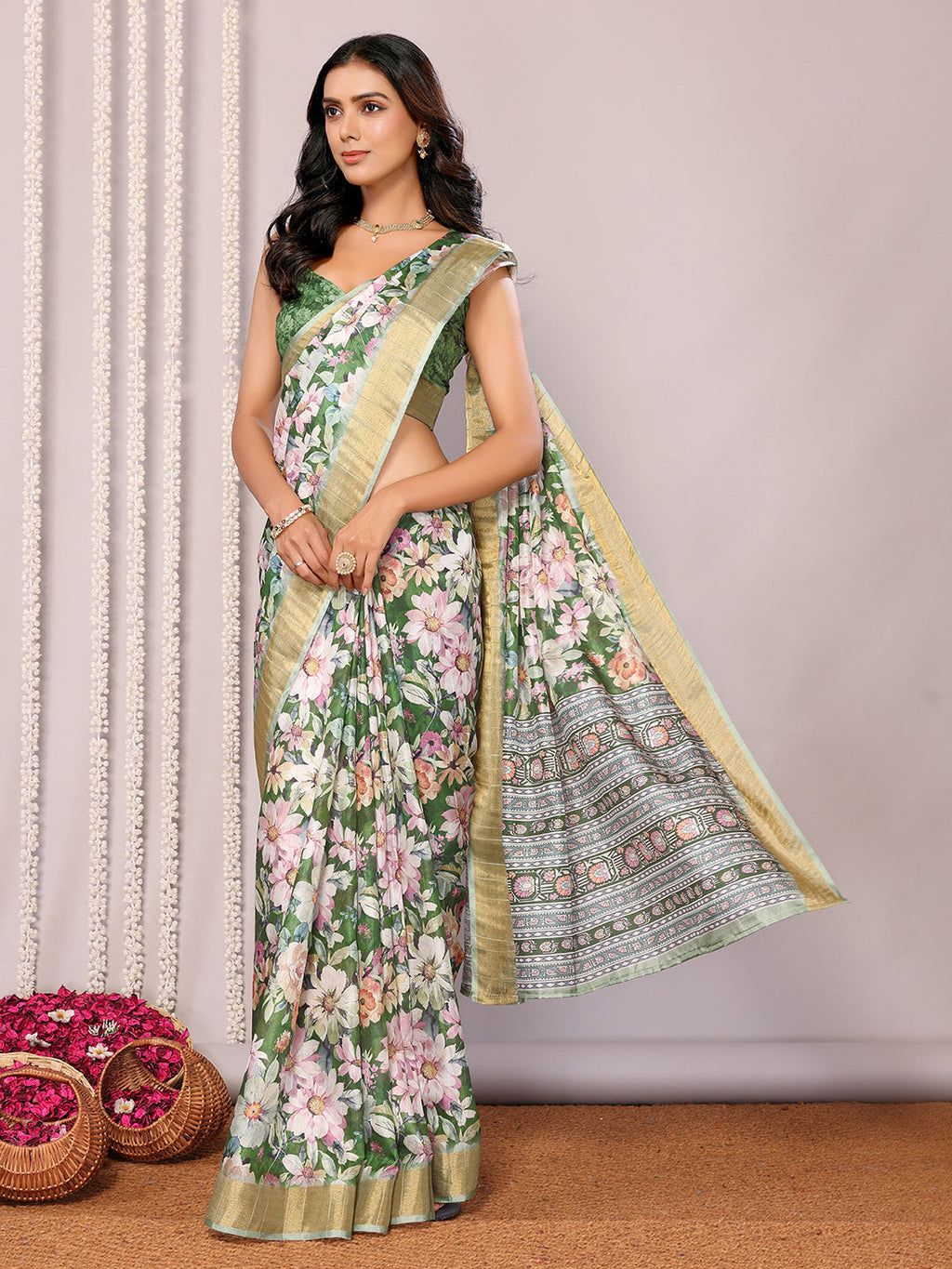 Janasya Green Chanderi Silk Floral Printed Saree | Grocsy