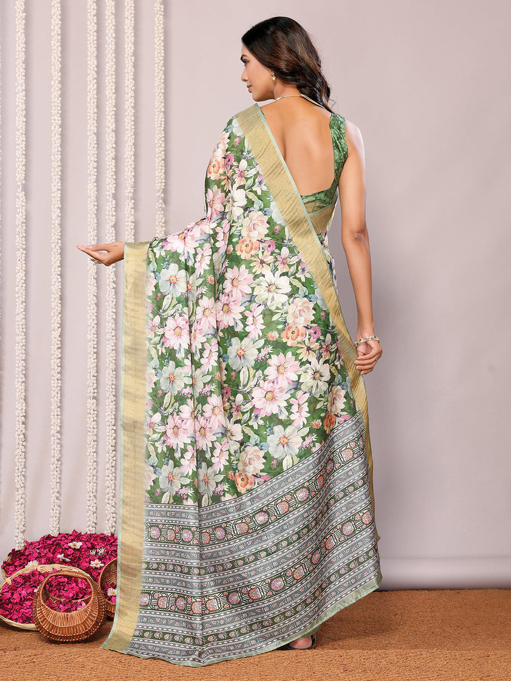 Janasya Green Chanderi Silk Floral Printed Saree | Grocsy