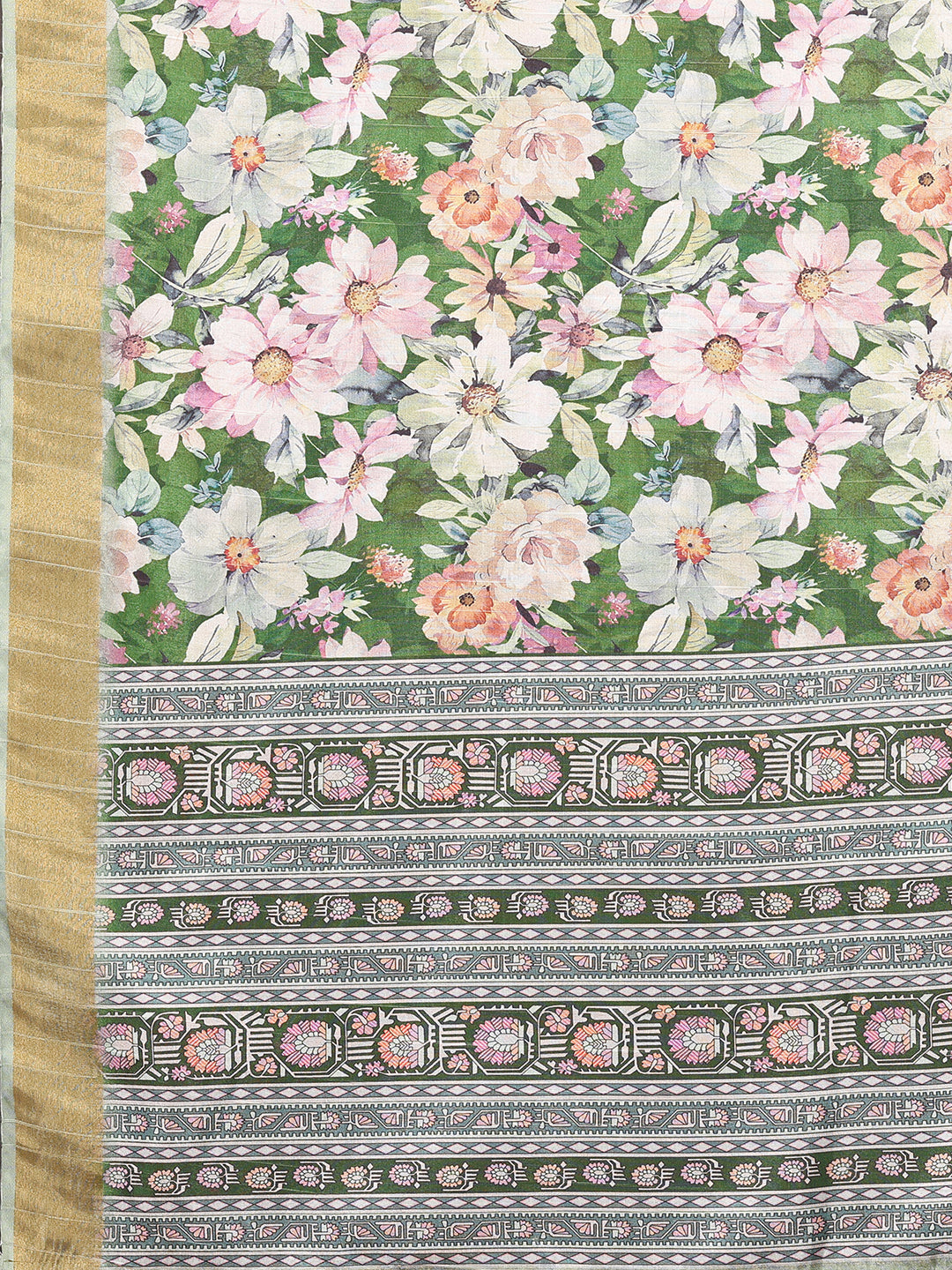 Janasya Green Chanderi Silk Floral Printed Saree | Grocsy