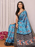 Janasya Blue Chanderi Silk Ikkat Printed Saree | Grocsy