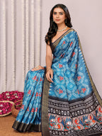 Janasya Blue Chanderi Silk Ikkat Printed Saree | Grocsy