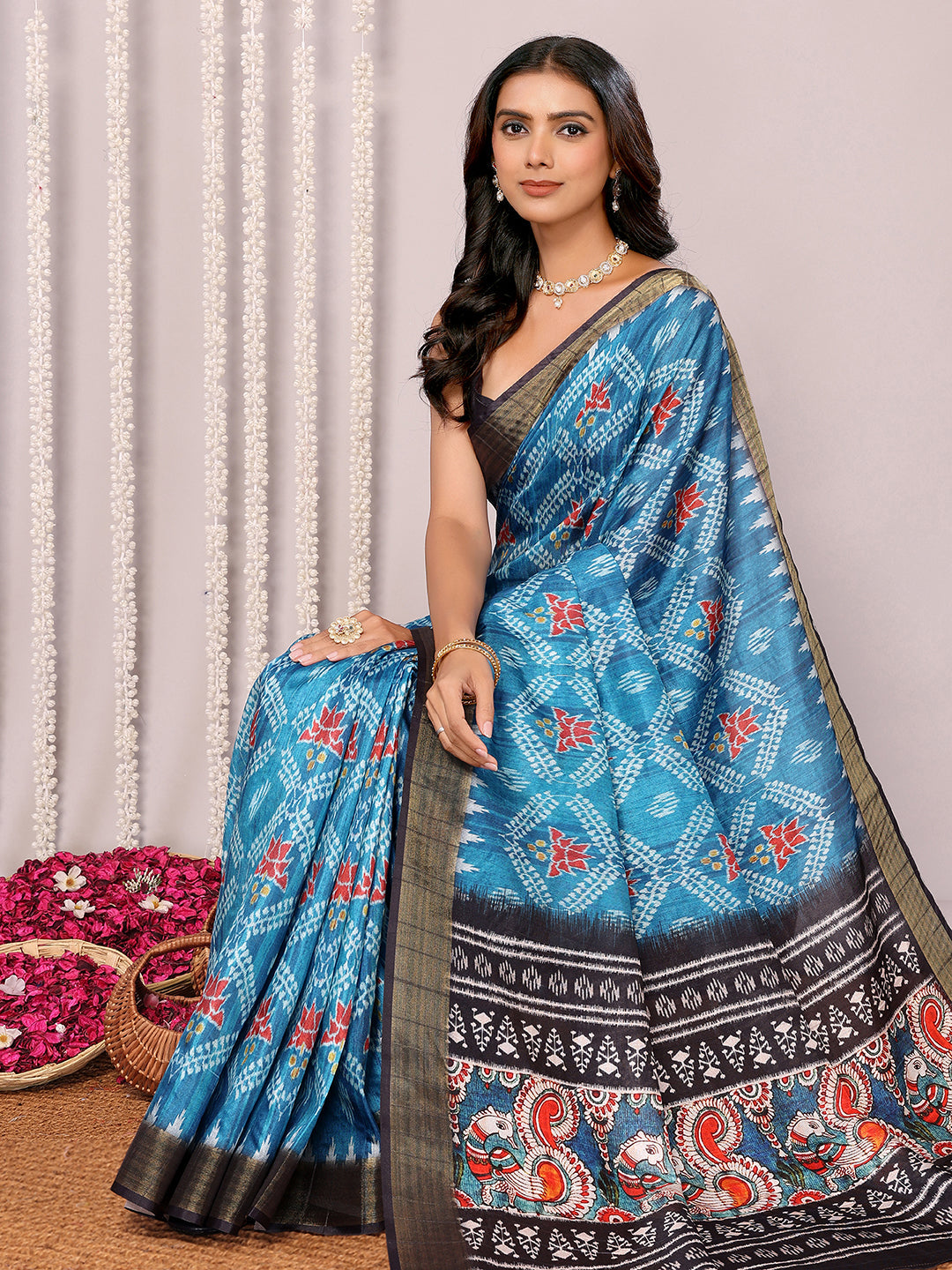 Janasya Blue Chanderi Silk Ikkat Printed Saree | Grocsy
