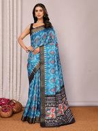Janasya Blue Chanderi Silk Ikkat Printed Saree | Grocsy