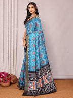 Janasya Blue Chanderi Silk Ikkat Printed Saree | Grocsy