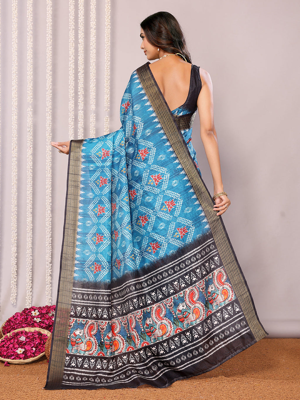 Janasya Blue Chanderi Silk Ikkat Printed Saree | Grocsy