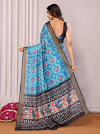 Janasya Blue Chanderi Silk Ikkat Printed Saree | Grocsy