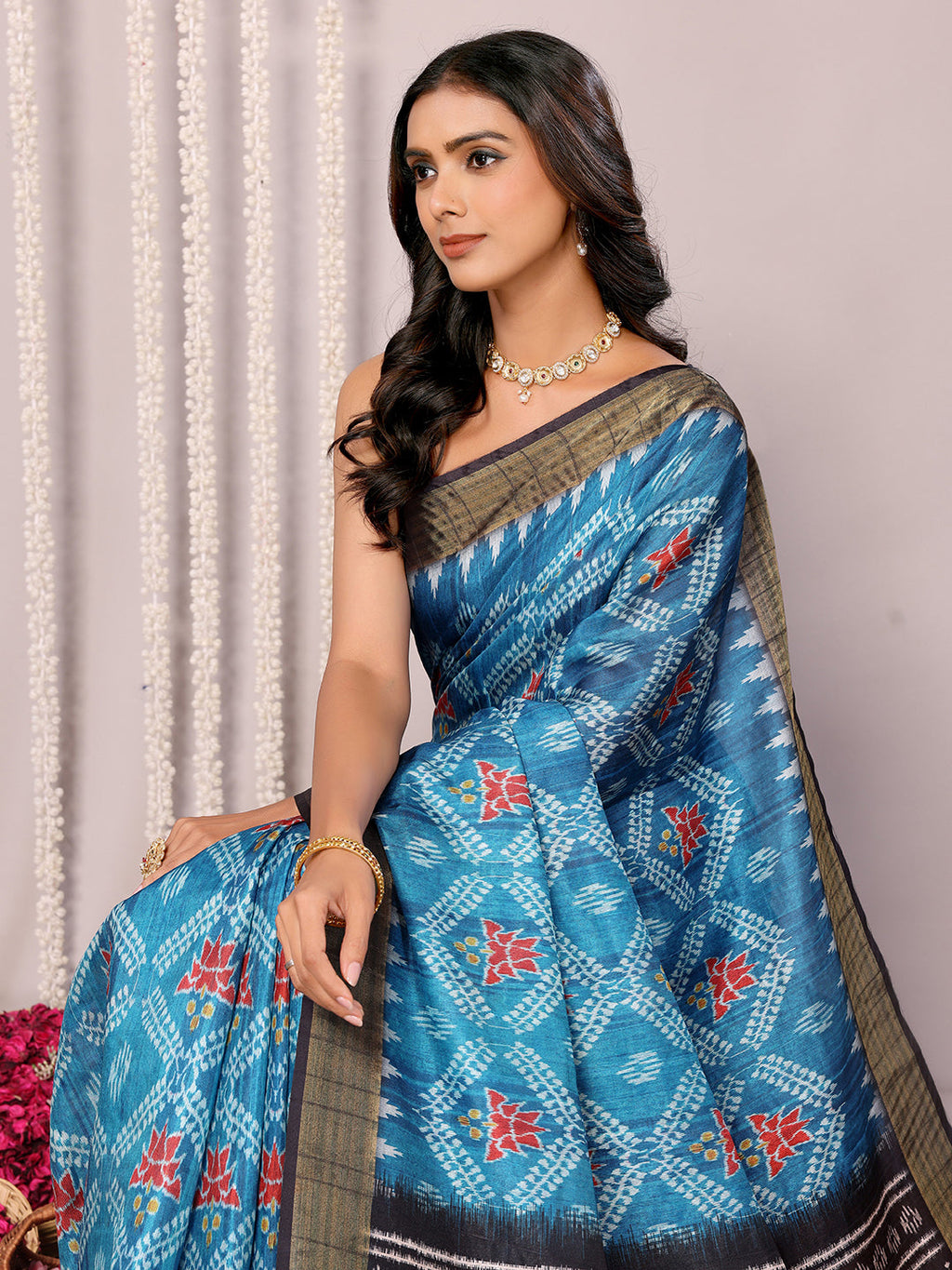 Janasya Blue Chanderi Silk Ikkat Printed Saree | Grocsy
