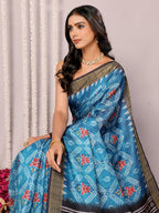 Janasya Blue Chanderi Silk Ikkat Printed Saree | Grocsy