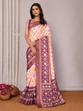 Janasya White & Purple Chanderi Silk Ikkat Printed Saree | Grocsy