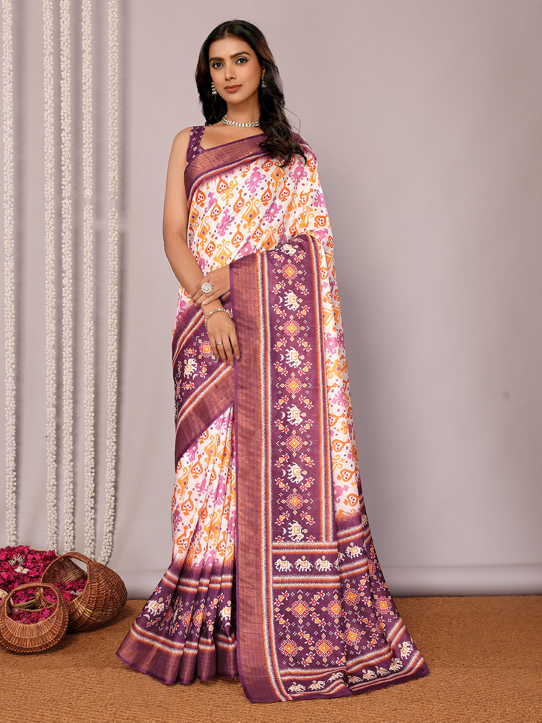Janasya White & Purple Chanderi Silk Ikkat Printed Saree | Grocsy