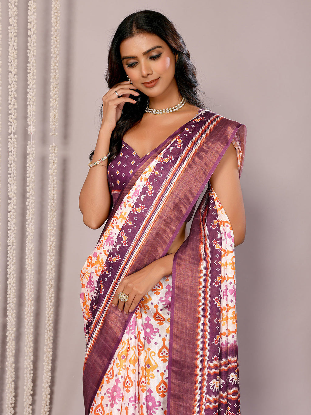Janasya White & Purple Chanderi Silk Ikkat Printed Saree | Grocsy