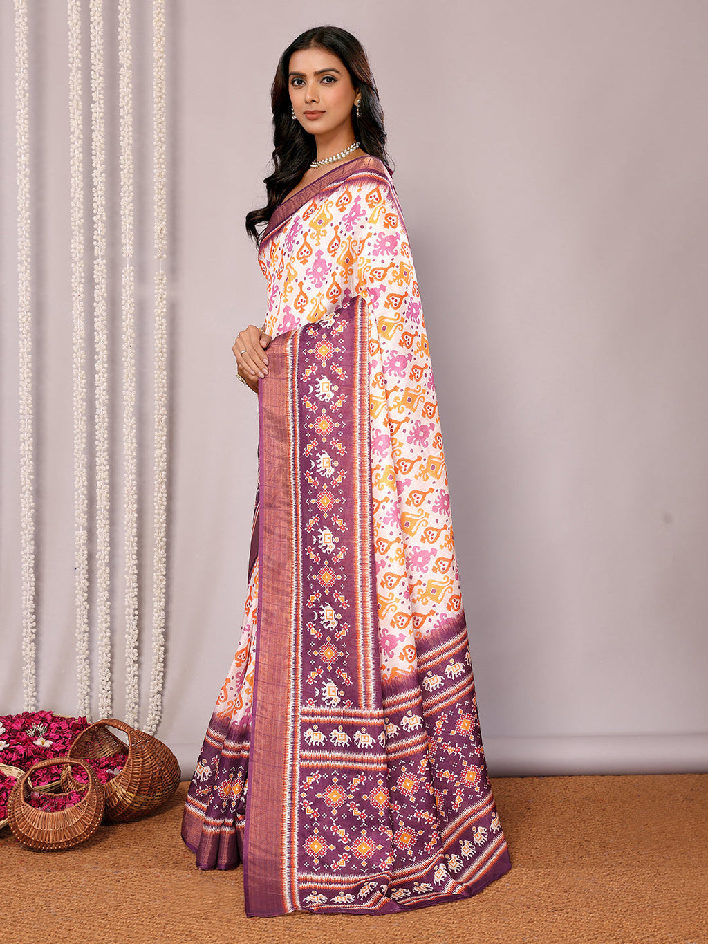 Janasya White & Purple Chanderi Silk Ikkat Printed Saree | Grocsy